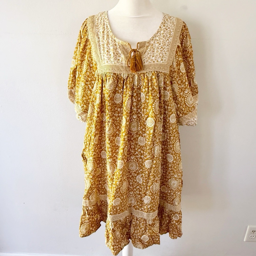 Old Navy Dress Women XL Mustard Floral Boho Tassel Smock Tiered Beach Coastal